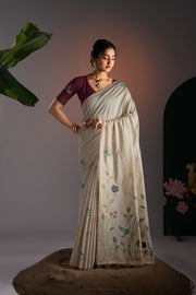 Rahi Beige & Wine Viscose Cotton Saree With Unstitched Blouse Piece
